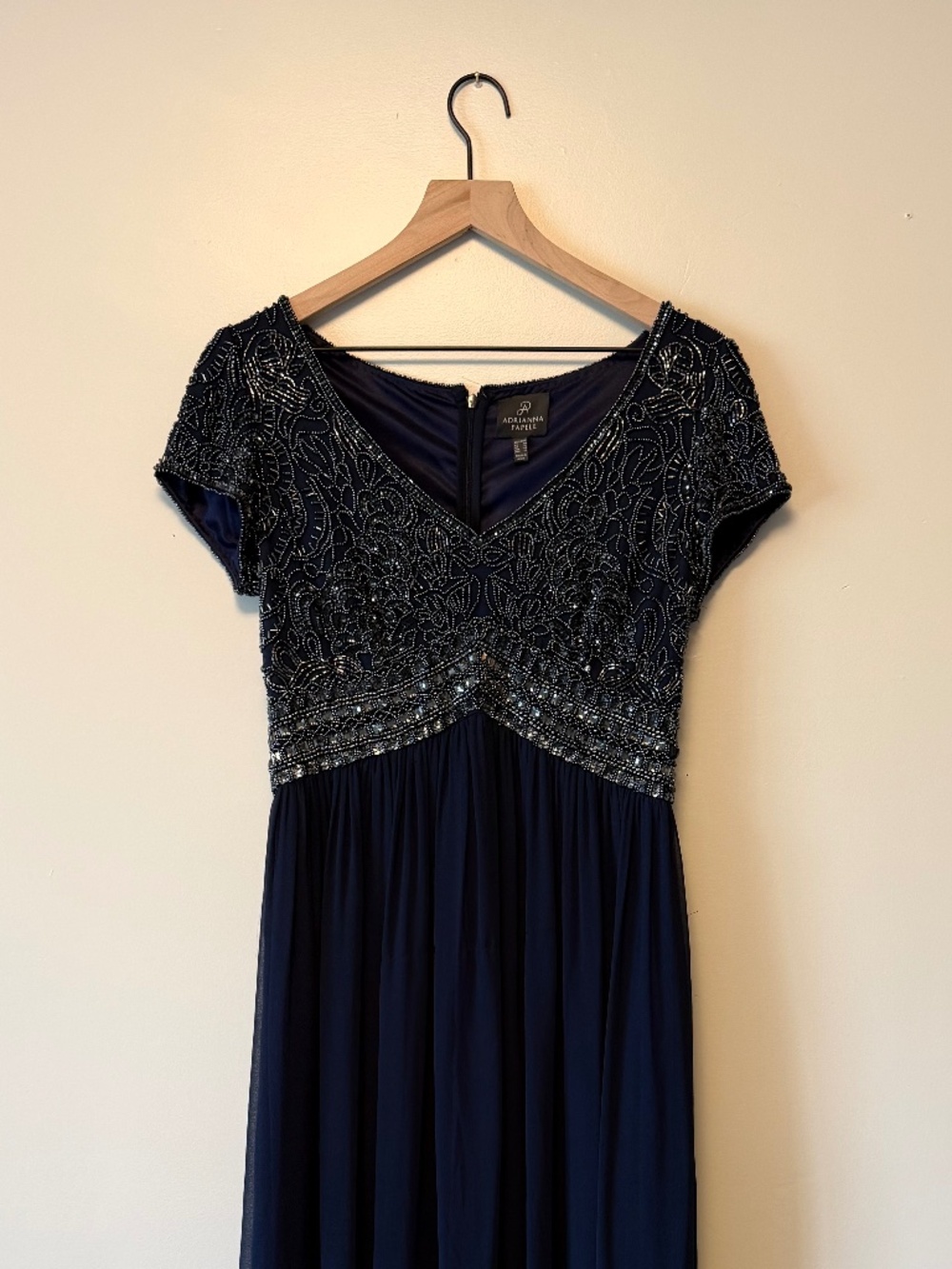 Adrianna Papell Beaded V-Neck Floor-Length Evening Gown